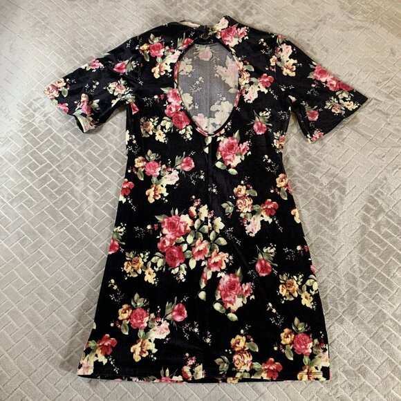 Current Project Womens M Dress Mini Bodycon Velvet Floral Short Sleeve Open Back - Picture 11 of 11